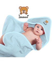 Baby Hooded Bath Towel With Cute Bear Cartoon Design Embroidered In Contrast Color 100% Cotton